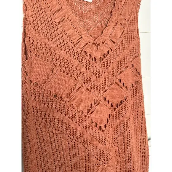 LALAVON Terracotta Crochet Midi Dress, V-neck, Side Slit NEW w/Tags Size LARGE - Picture 2 of 3